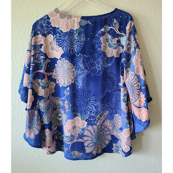 Bob Mackie Wearable Art Sheer Poncho‎ Top XS Women Sequin Blue Floral Fairy - Picture 5 of 10